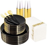 NIB oridom Black and Gold Plastic Dinnerware Set,