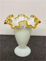 Fenton Gold Crest Crimped Edge Milk Glass Vase 6”