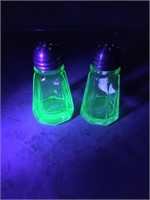 Two Hazel Atlas Uranium Glass Shakers