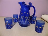 BRISTOL GLASS COBALT BLUE PITCHER W/ 4 GLASSES