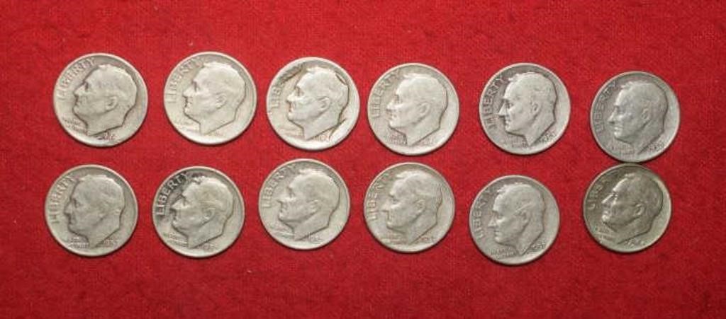 (12) Roosevelt Silver Dimes  1946 to 1964D Mix