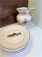 Portuguese Hand Painted Pitcher and Dinner Plates