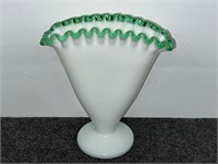 Fenton Green Crest White Milk Glass Fan Vase
