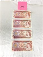 Four Uncirculated Canadian 2 Dollar Bills