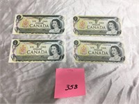 Four Uncirculated Canadian 1 Dollar Bills
