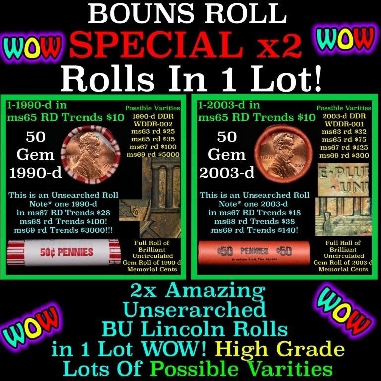 2x BU Shotgun Lincoln 1c rolls, 1990-d & 2003-d 50