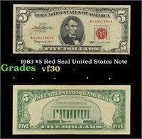 1963 $5 Red Seal United States Note Grades vf++