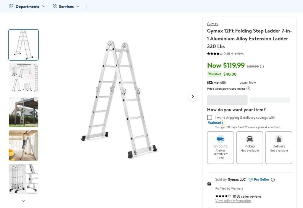 N1626  Gymax 12Ft Aluminum Alloy Ladder, 330 Lbs