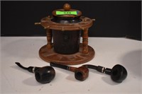 Vintage Pipes w/Pipe Holder & Tobacco Jar