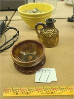 Pottery bowl & saucer, jug, yellow bowl w/ crack.