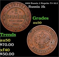 1909 Russia 2 Kopeks Y# 10.2 Grades AU, Almost Unc