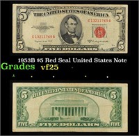 1953B $5 Red Seal United States Note Grades vf+