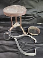 Vintage Metal Stool, Ice Tongs & Frying Pan
