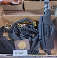 FLAT OF MISC. AMMO, GUN PARTS, KNIFE, & MORE