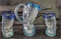 Mexican Bent Glass Cobalt Rim Pitcher/Glasses
