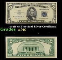 1953B $5 Blue Seal Silver Certificate Grades xf