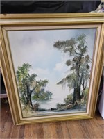 VTG Oil on Canvas River Bank Framed Art - Signed