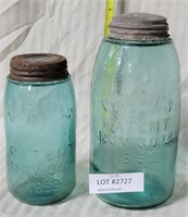 2 BLUE GLASS MASON JARS