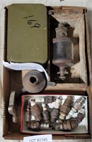 BRASS ENGINE OILER, ASSORTED SPARK PLUGS AND MORE