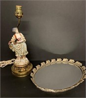 Antique Porcelain Figural Lamp and Mirror