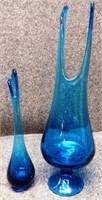 (2) MCM Blue Glass Swung Vases