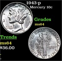 1943-p Mercury Dime 10c Grades Choice Unc