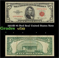 1953B $5 Red Seal United States Note Grades vf++