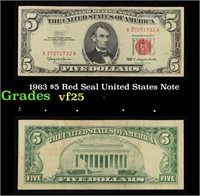 1963 $5 Red Seal United States Note Grades vf+