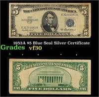 1953A $5 Blue Seal Silver Certificate Grades vf++