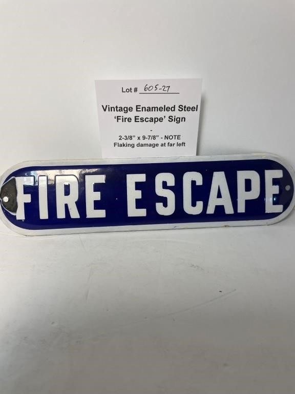 Vintage Enameled 'Fire Escape' Sign 9.75" long