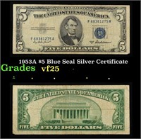 1953A $5 Blue Seal Silver Certificate Grades vf+