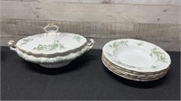 Antique Green Transfer Ware Covered Soup Tureen &
