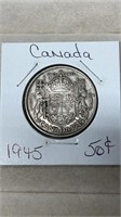 1945 Canadian Silver 50 Cent Coin