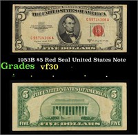 1953B $5 Red Seal United States Note Grades vf++