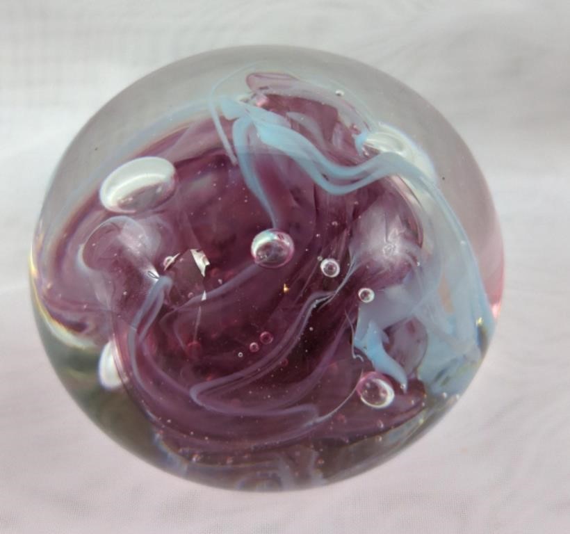 Vintage B Clark Art Glass Paperweight, Pink &