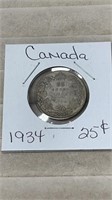 1934 Canadian Silver 25 Cent Coin