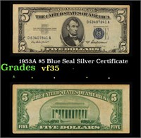 1953A $5 Blue Seal Silver Certificate Grades vf++