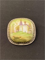 Victorian Hand Painted Signed Silver Brooch