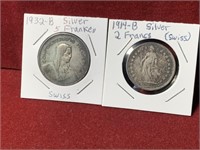 PAIR OF EARLY FOREIGN SILVER / 2 FRANCS