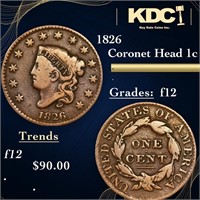 1826 Coronet Head Large Cent 1c Grades f, fine