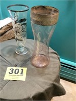 Two etched flower vases