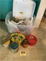 Tote of vintage tins and others
