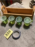 4 green fire king cups with wooden carrier