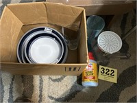 Box with Mainstays Dishes, scent killer and more