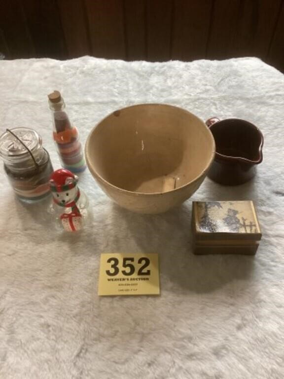 Pottery bowl, small music box, sand art