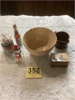 Pottery bowl, small music box, sand art