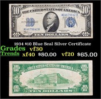 1934 $10 Blue Seal Silver Certificate Grades vf++