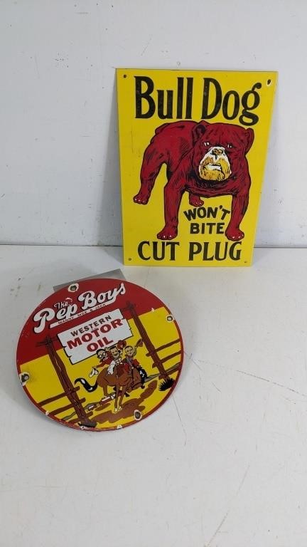 Vintage Pep Boys and Bull Dog Metal Signs