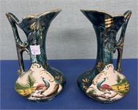 Vintage H Bequet Gold Trim Vases with Peacocks