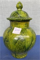 Green Ginger Jar with Lid , Made in Italy 9” h